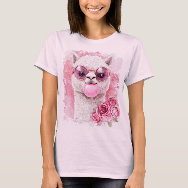 Cute Alpaca T-Shirt - Bubblegum Llama med Sunglas (Framsida)