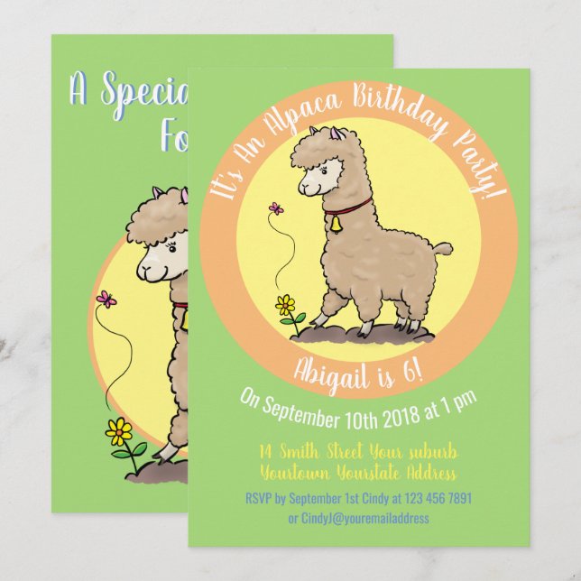 Cute alpaca-tecknad inbjudningar (Fram/baksida)
