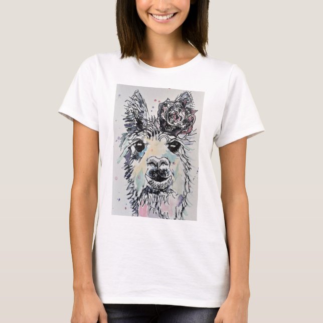 Cute Alpacca Llama Watercolor måla T Shirt (Framsida)
