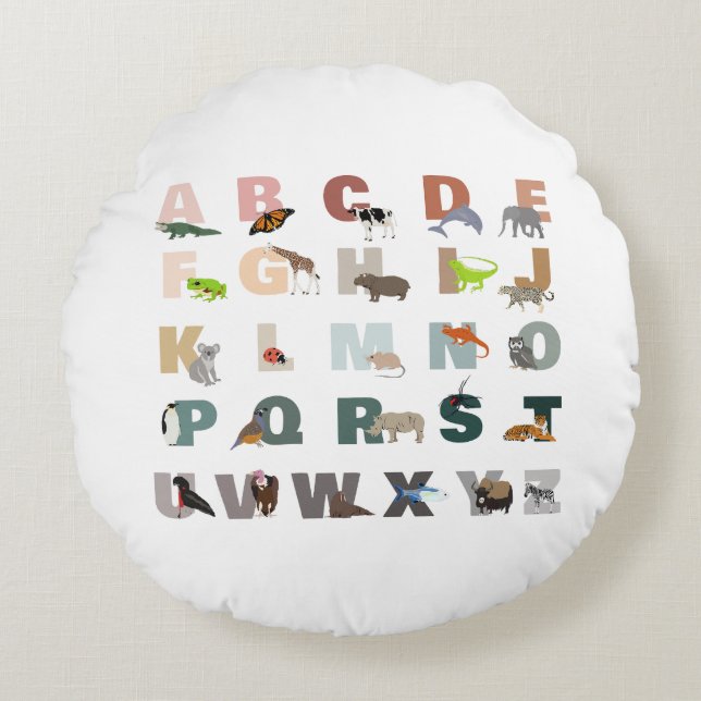 Cute Alphabet ABC-djur Rund Kudde (Framsidan)