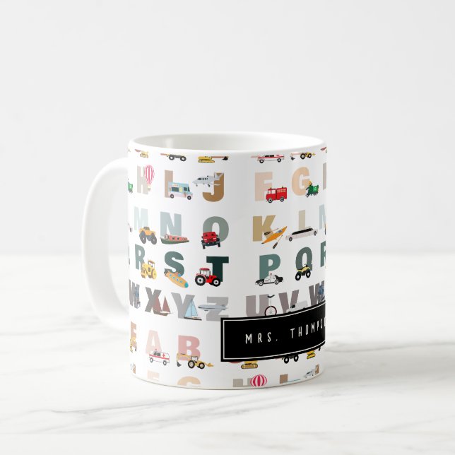 Cute Alphabet ABC Lastbilar, Fordon Lärargåva Kaffemugg (Framsida vänster)