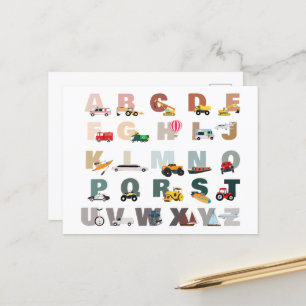 Cute Alphabet ABC Lastbilar, Transport Fordon Helg Vykort