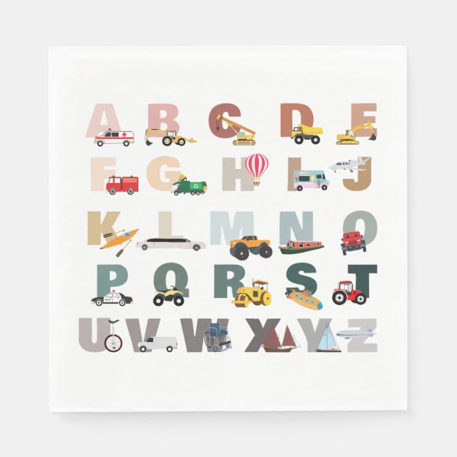 Cute Alphabet ABC Lastbilar, Transport Fordon Pappersservett (Framsidan)
