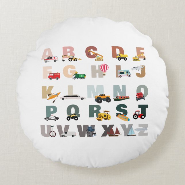 Cute Alphabet ABC Lastbilar, Transport Fordon Rund Kudde (Framsidan)