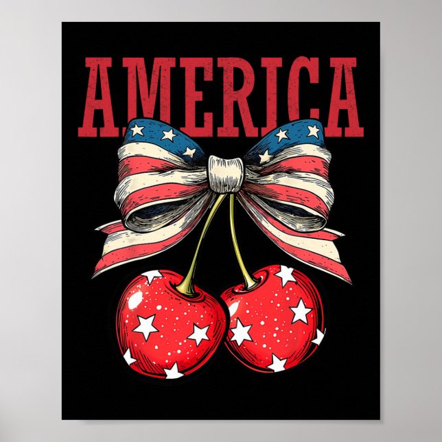 Cute America Cherries Coquette Bow Funny Cherry 4t Poster (Framsidan)
