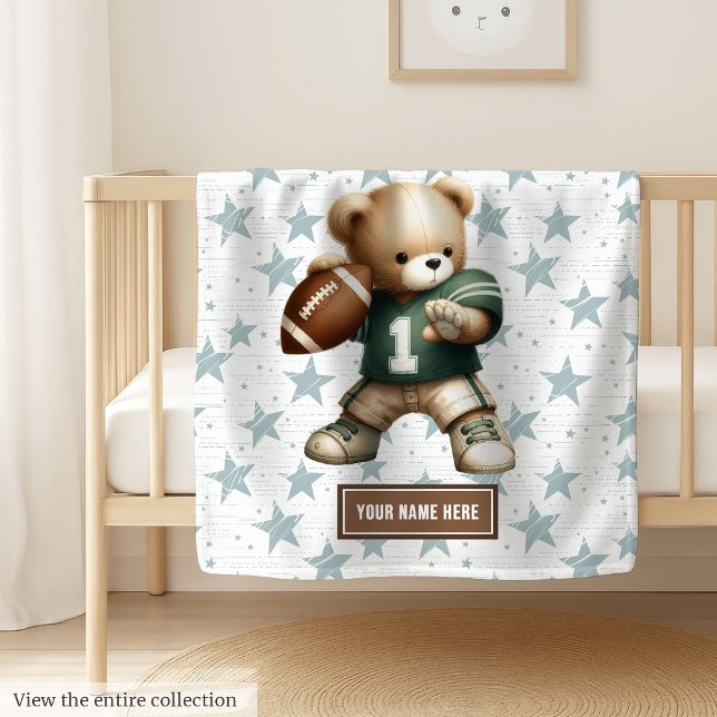 Cute American Football Nalle Personlig Gif Fleecefilt (Cute American football teddy bear blanket – perfect boy birthday gift.)