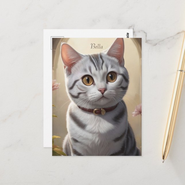 Cute American Shorthair Cat med Big Ögon Vykort (Fram/Back In Situ)