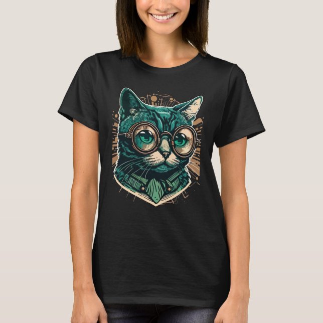 Cute Anamorphic Goggle Wearing Cat Unik Family T Shirt (Framsida)