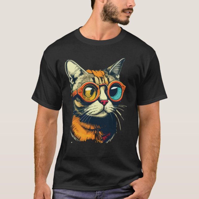 Cute Anamorphic Goggle Wearing Cat Unique T Shirt (Framsida)