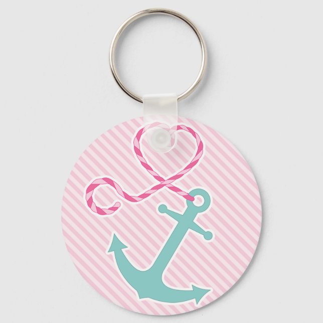 Cute Anchor with Heart Rope - Rosa and Aqua Nyckelring (Framsida)