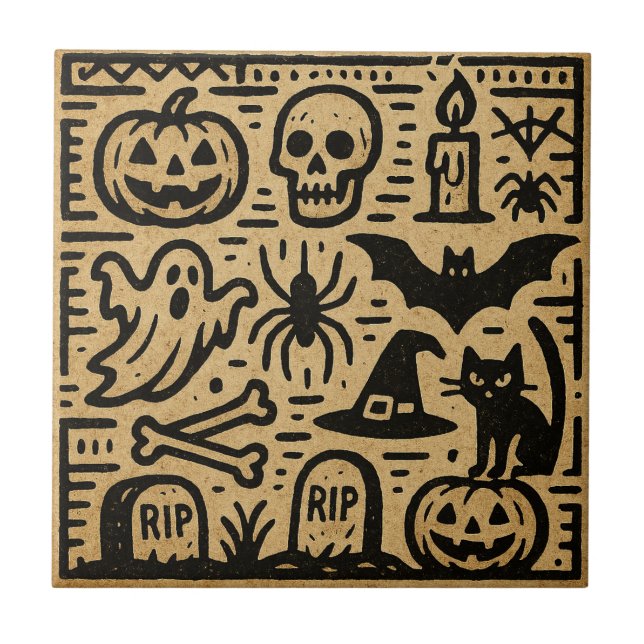 Cute ancient hieroglyph pumpkin and bat Halloween Kakelplatta (Framsidan)