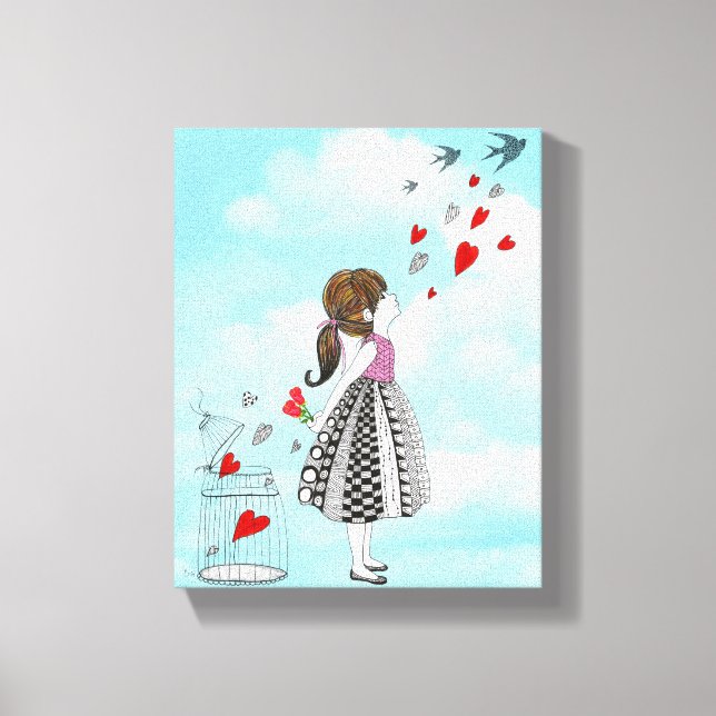 Cute and Adful Little Girl with Heart Bird Cage Canvastryck (Framsida)