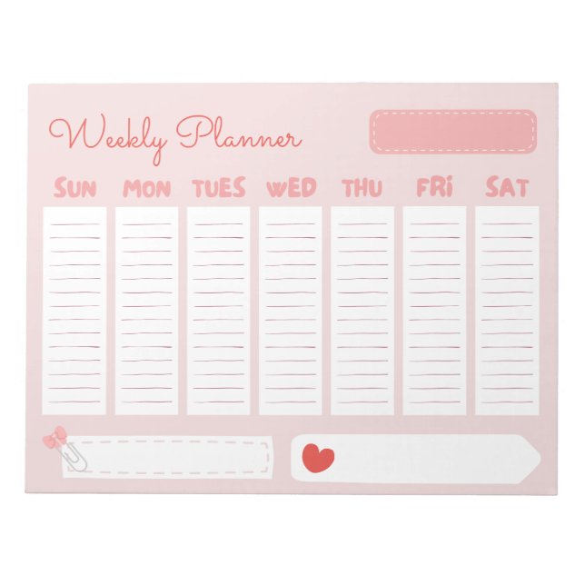 Cute and Avslappnad Pastel Rosa Weekly Planner to  Anteckningsblock (Framsida)