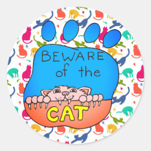 Cute and Colorful Beware, Cat Stickers Runt Klistermärke