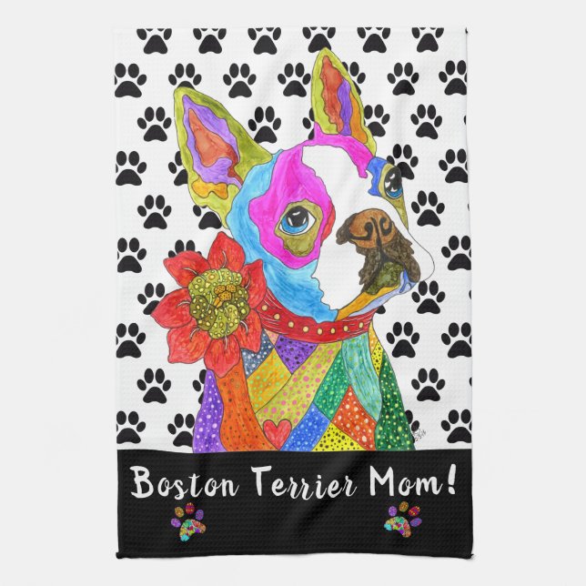 Cute and Colorful Boston Terrier Mamma Kitchen Tow Kökshandduk (Vertikal)