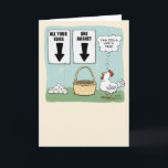 Cute and Funny Chicken and Eggs Birthday Kort<br><div class="desc">Det här söta och roliga födelsedagskortet för tecknad har en kyckling som ser alla ägg bredvid basket och är frestad att lägga alla äggen i det ena basket. Kycklingen tror att det kan vara en fälla. Tack för att du väljer den här originalsymbolen med © Chuck Ingwersen. Jag är en...</div>