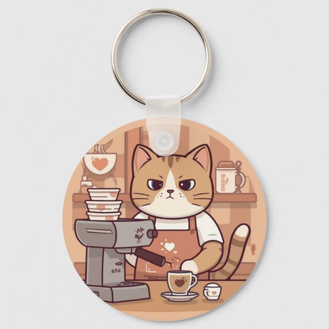 Cute and Funny Cozy Cartoon Barista Cat  Nyckelring (Framsida)