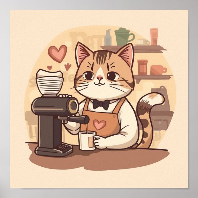 Cute and Funny Cozy Cartoon Barista Cat Poster (Framsidan)