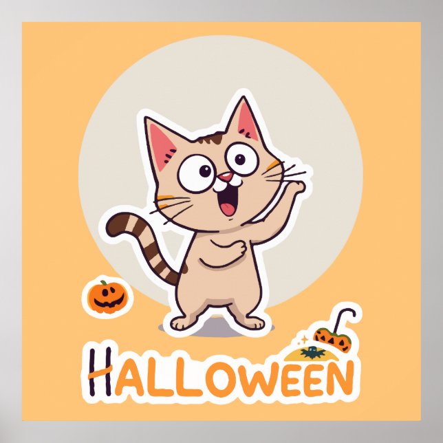 Cute and Funny Halloween Cat med Pumpkins Poster (Framsidan)