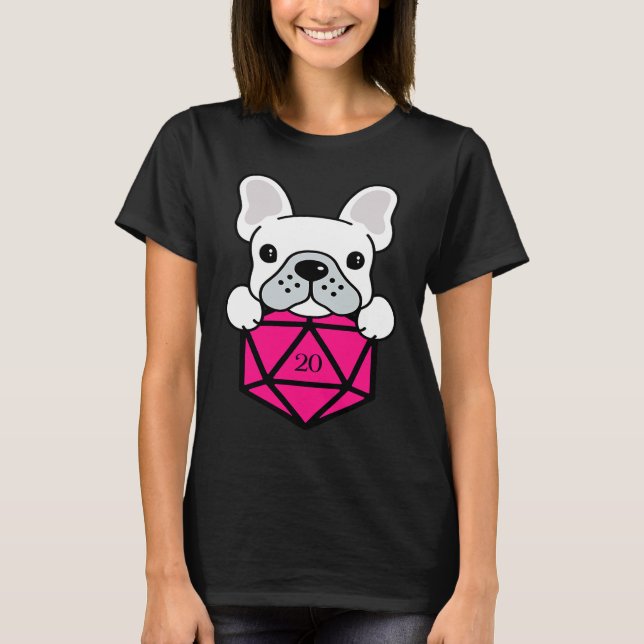 Cute and Nerdy Dog Pink Polyhedral D20 Dice Set T Shirt (Framsida)