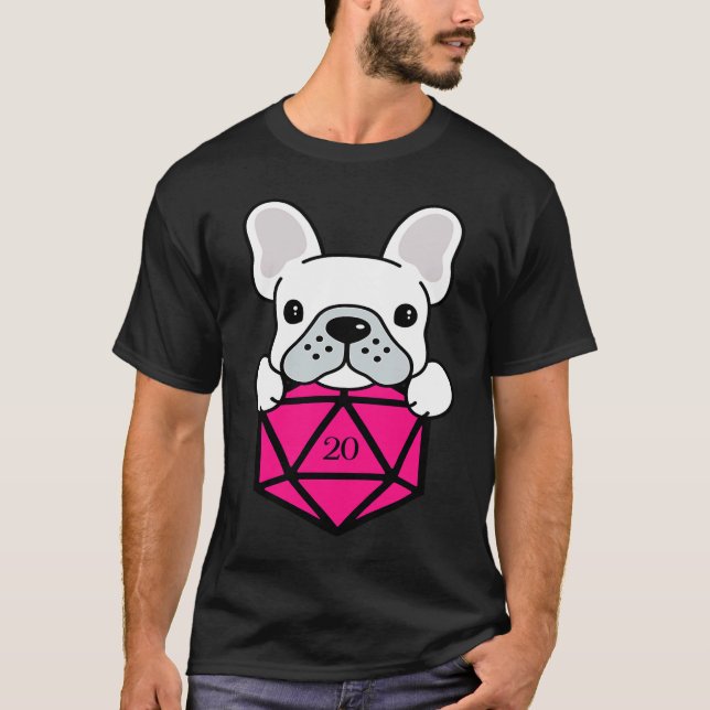 Cute and Nerdy Dog Pink Polyhedral D20 Dice Set T Shirt (Framsida)