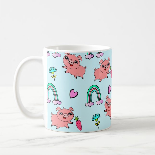 Cute and Quirky Pigs and Rainbows Pattern Kaffemugg (Vänster)
