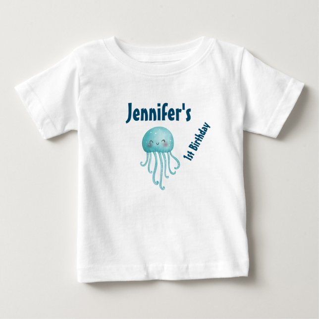 Cute and Roligt Blue-Grönt Jellyfish Birthday T Shirt (Framsida)