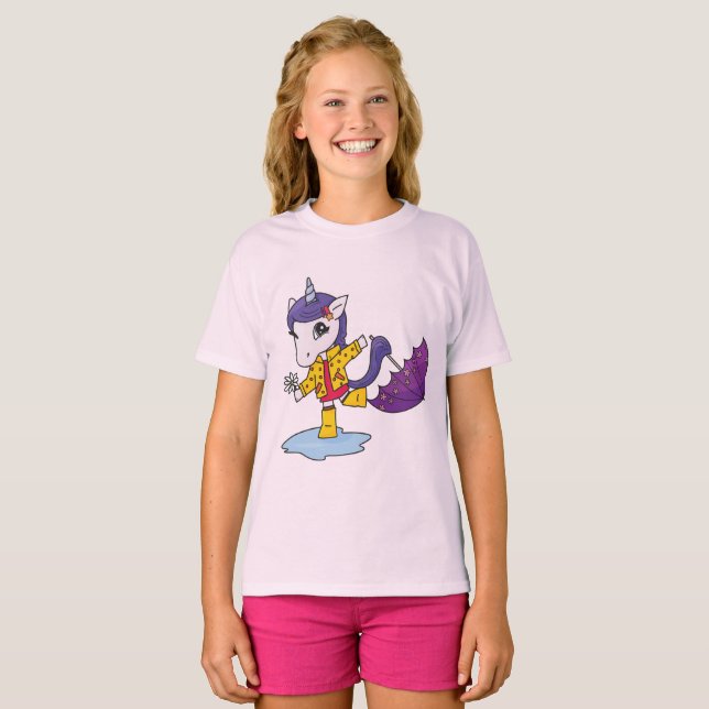 Cute and Simple Rosa Blommigt Unicorn in Rainrock T Shirt (Hel framsida)