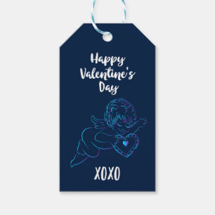 Cute Angel Cherub Holding a Snöre Valentine Heart Presentetikett