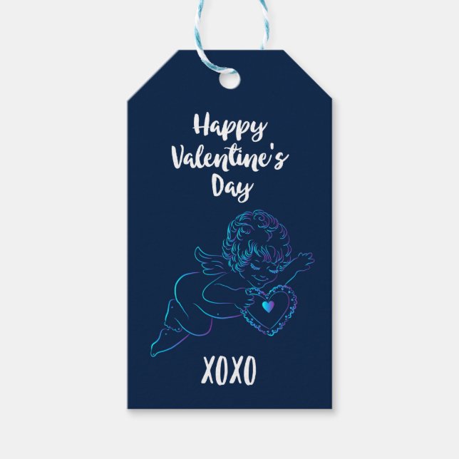 Cute Angel Cherub Holding a Snöre Valentine Heart Presentetikett (Framsidan)
