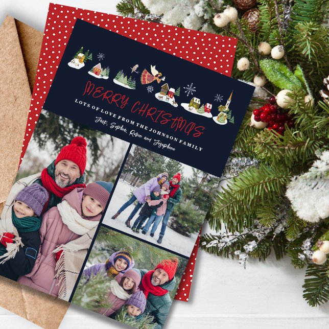 Cute Angel Peace on Earth Photo jul 3 Foton Julkort (christmas holiday 3 photos card,santa and his reindeers,cute kids children,nordic village landscape )