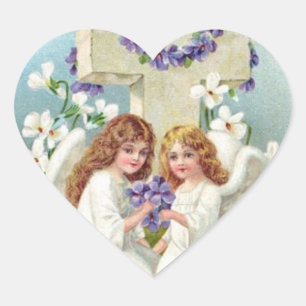Cute Änglar med Kor och blommor. Hjärtformat Klistermärke