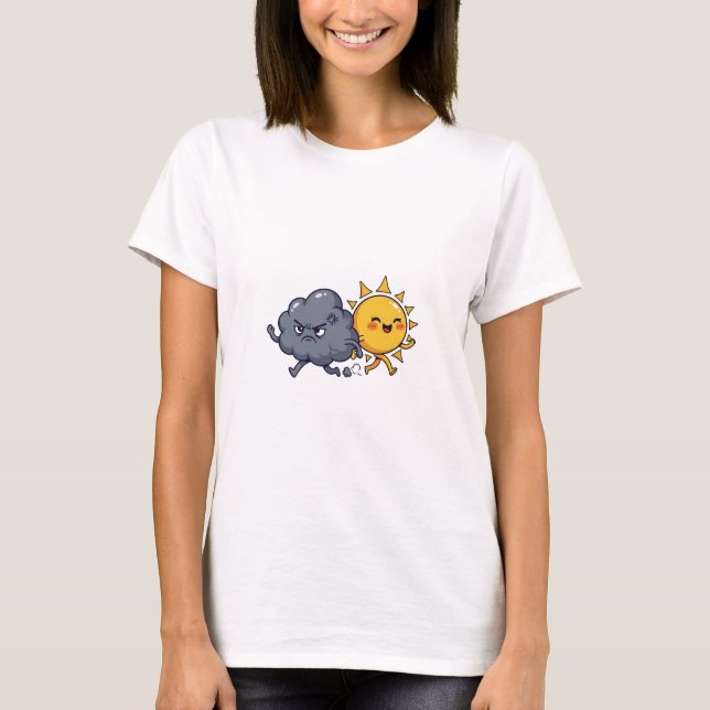 Cute Angry Grey Rain Cloud Chasing Happy Smiling T Shirt (Framsida)