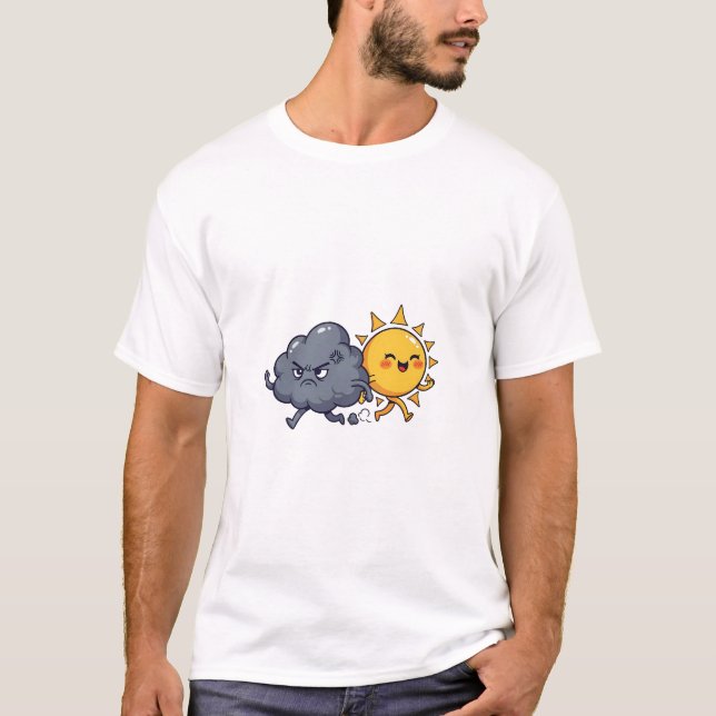 Cute Angry Grey Rain Cloud Chasing Happy Smiling T Shirt (Framsida)