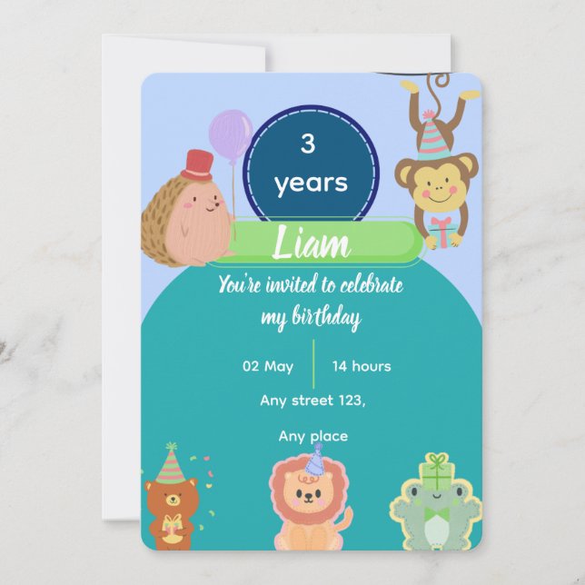 Cute Animal 3rd Birthday for Boys Editable Inbjudningar (Framsida)