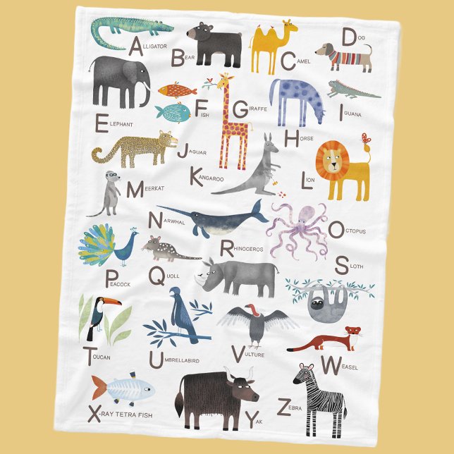 Cute Animal ABC Alphabet Kids Fleecefilt (Cute animal ABC alphabet blanket for newborn, boy or girl gender neutral nursery or kids room decor)