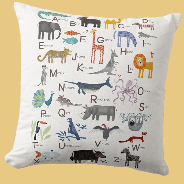 Cute Animal ABC Alphabet Kids Kudde (Cute animal ABC alphabet pillow for newborn, boy or girl gender neutral nursery or kids room decor)