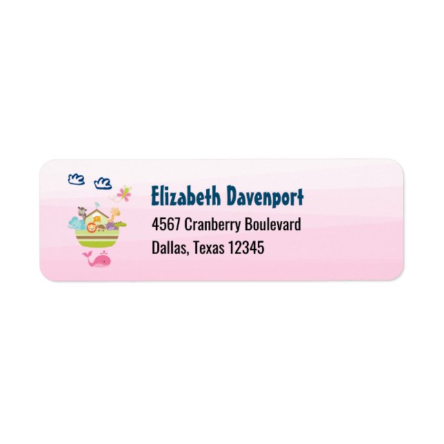 Cute Animal Ark med Butterfly och Whale Rosa Returadress Etikett (Framsidan)