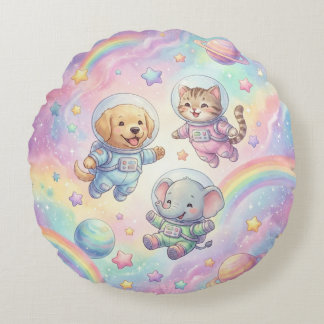 Cute Animal Astronauts Galaxy Round Throw Pillow Rund Kudde