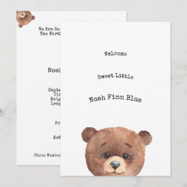 Cute Animal Brown Bear Sweet Baby Announcement Inbjudningar
