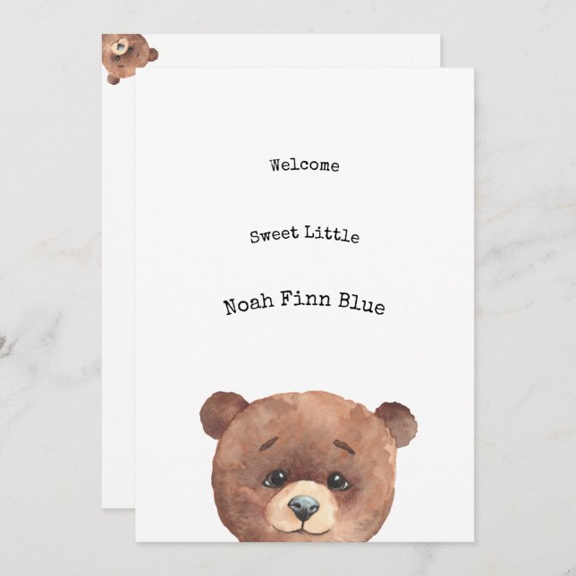 Cute Animal Brown Bear Sweet Baby Announcement Inbjudningar (Fram/baksida)