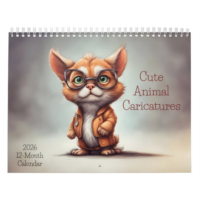 Cute Animal Caricatures 2026 Calendar 12 Months Kalender (Omslag)