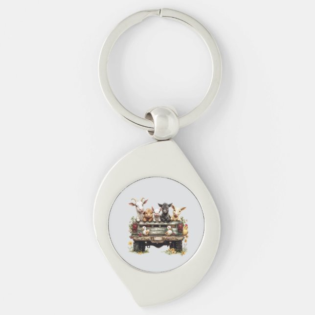 Cute Animal Farm On Metal Keychain Swirl Silverfärgad Nyckelring (Framsidan)