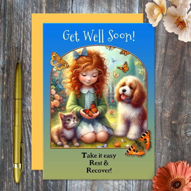 Cute Animal Friends kommer snart Kort (Cute Get Well Soon card featuring a painting of a girl with butterflies, a cute kitty and dog)