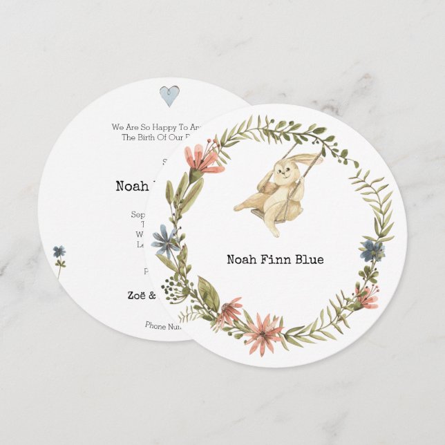 Cute Animal Rabbit Baby Boy Announcement Card Inbjudningar (Fram/baksida)