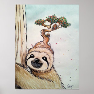Cute Animal Sloth med Bonsai Träd house Poster