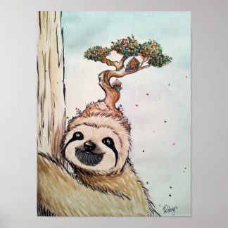 Cute Animal Sloth med Bonsai Träd house Poster