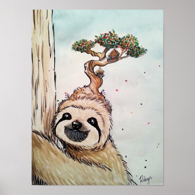 Cute Animal Sloth med Bonsai Träd house Poster (Framsidan)