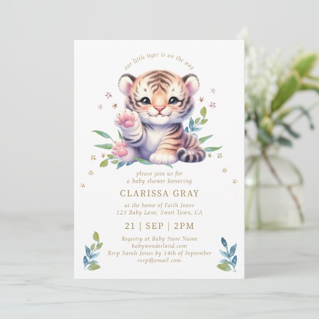 Cute Animal Tiger Stars White Baby Shower Inbjudningar (Stående Fram)