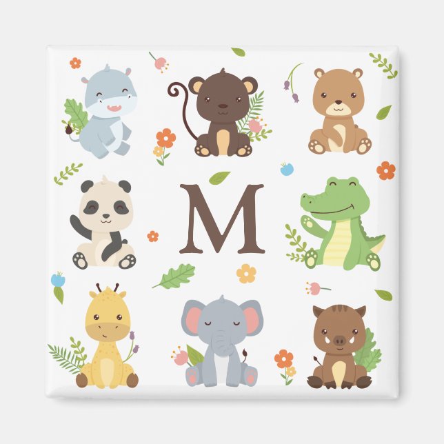 Cute Animal Zoo Wildlife Kids Initial Magnet (Framsidan)